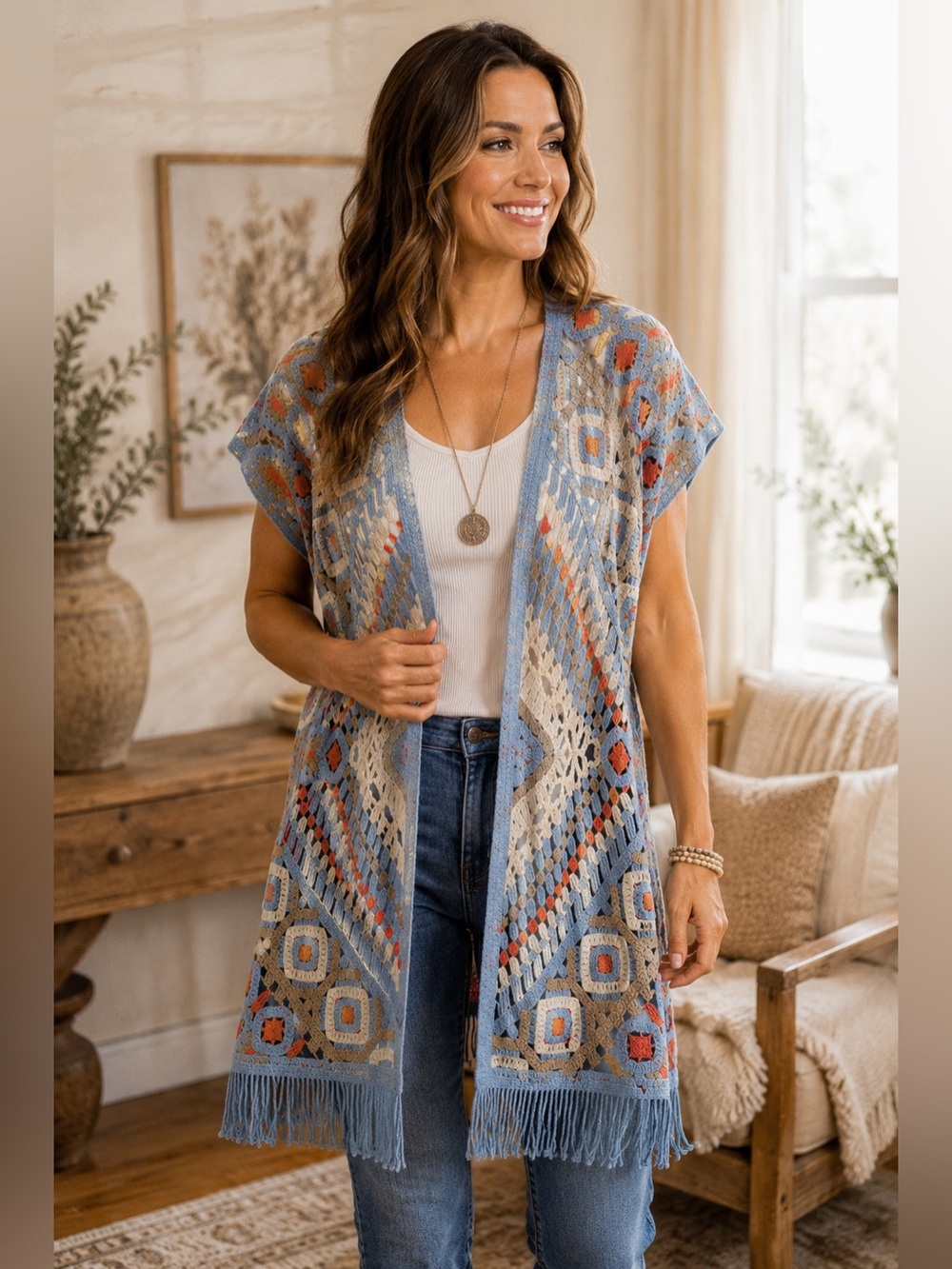 Ruby Rd Crochet Open Front Vest L/XL Boho Fringe Granny Square Cardigan